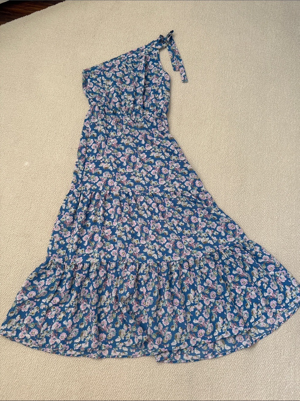 Blue One-Shoulder Floral Tiered Dress with Tie Shoulder
